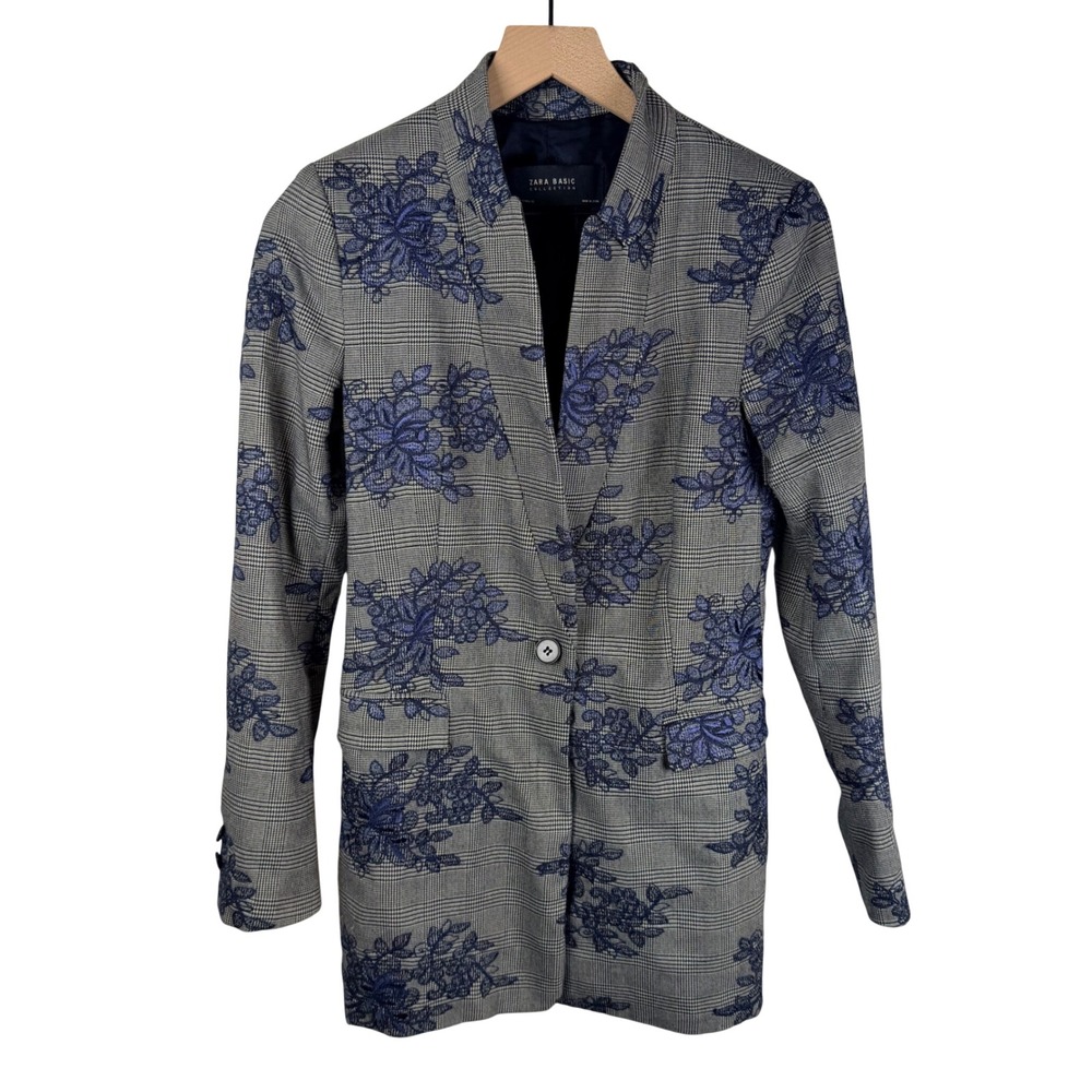 Zara Basic Collection Womens Glen Plaid Floral Embroidered Long Blazer Small